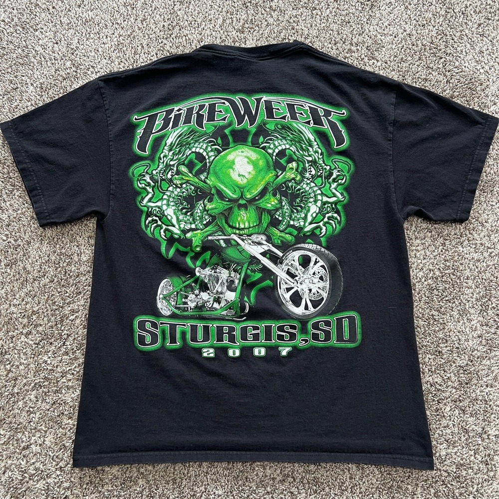 VTG 2007 Sturgis Bike Week Shirt Men's Large Black Tee Shirt Skull Biker Pinkman